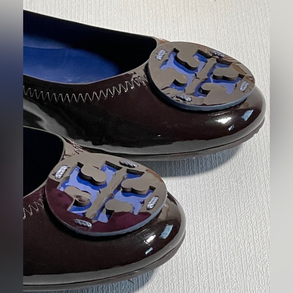 Tory Burch Reva Brown and Cobalt Blue Travel Ballet Flat Sz 7 - Picture 2 of 7
